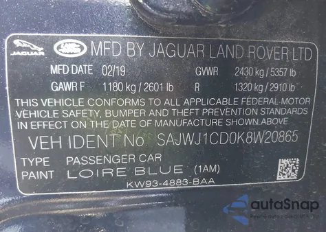 2019 Jaguar Xj R-Sport from USA, damaged, VIN SAJWJ1CD0K8W20865